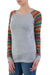 Cotton blend sweater, 'Cusco Market in Ash Grey' - Grey Tunic Sweater with Multi Color Patterned Sleeves