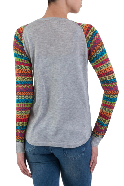 Jersey de mezcla de algodón - Suéter Túnica Gris con Mangas Estampadas Multicolor