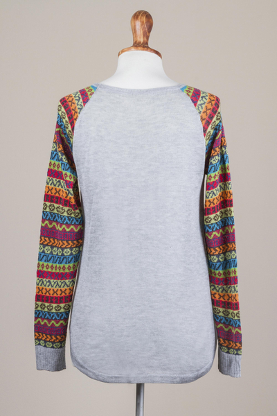 Cotton blend sweater, 'Cusco Market in Ash Grey' - Grey Tunic Sweater with Multi Color Patterned Sleeves