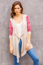 Cotton blend cardigan, 'Garden in Pale Beige' - Beige Open Front Cardigan with Multicolor Floral Sleeves