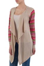 Cotton blend cardigan, 'Garden in Pale Beige' - Beige Open Front Cardigan with Multicolor Floral Sleeves