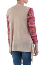 Cotton blend cardigan, 'Garden in Pale Beige' - Beige Open Front Cardigan with Multicolor Floral Sleeves