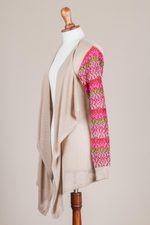 Cotton blend cardigan, 'Garden in Pale Beige' - Beige Open Front Cardigan with Multicolor Floral Sleeves