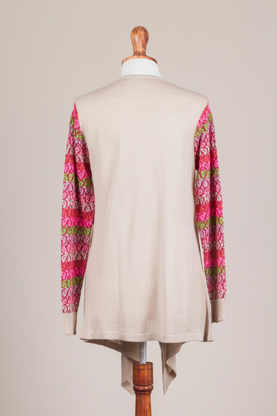 Strickjacke aus Baumwollmischung - Beigefarbener Cardigan mit offener Vorderseite und mehrfarbigen Blumenärmeln