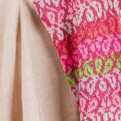 Strickjacke aus Baumwollmischung - Beigefarbener Cardigan mit offener Vorderseite und mehrfarbigen Blumenärmeln