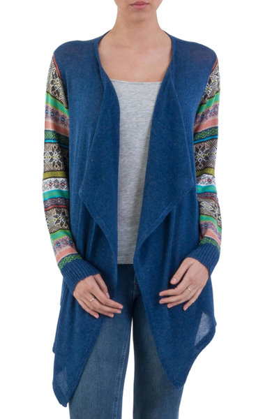 Blue Open Cardigan with Multicolored Patterned Sleeves