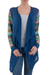 Cotton blend cardigan, 'Blue Southern Star' - Blue Open Cardigan with Multicolored Patterned Sleeves thumbail