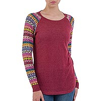 Cotton blend sweater, 'Andean Walk in Wine' - Wine Tunic Sweater with Multi Color Patterned Sleeves