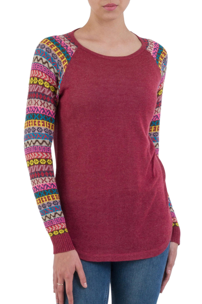 Cotton blend sweater, 'Andean Walk in Wine' - Wine Tunic Sweater with Multi Color Patterned Sleeves