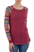 Cotton blend sweater, 'Andean Walk in Wine' - Wine Tunic Sweater with Multi Color Patterned Sleeves thumbail