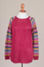 Cotton blend sweater, 'Andean Walk in Wine' - Wine Tunic Sweater with Multi Color Patterned Sleeves (image 2d) thumbail