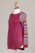 Cotton blend sweater, 'Andean Walk in Wine' - Wine Tunic Sweater with Multi Color Patterned Sleeves (image 2e) thumbail