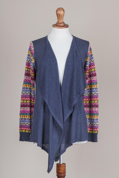 Cotton blend cardigan, 'Pisac Market in Blue' - Solid Blue Cardigan with Open Front and Multicolor Sleeves
