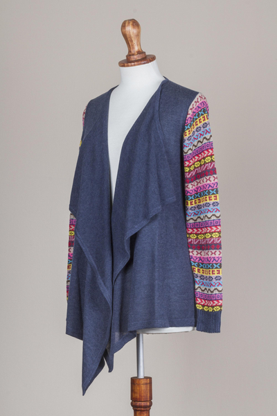 Cotton blend cardigan, 'Pisac Market in Blue' - Solid Blue Cardigan with Open Front and Multicolor Sleeves
