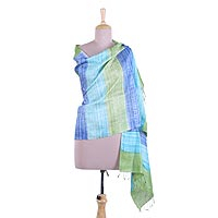 Mantón de seda, 'Spring Delights' - Mantón de rayas anchas en azules y verdes de artesanos de la India