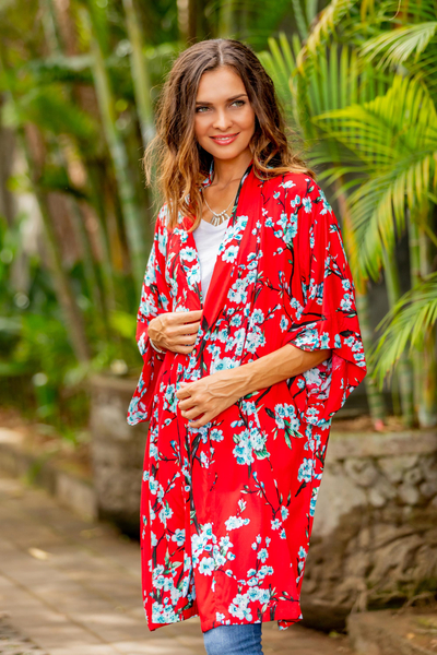 Rayon robe, 'Holy Jasmine' - Floral Rayon Robe in Candy Apple and Ivory from Indonesia