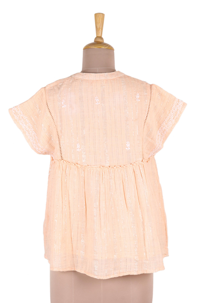 Cotton blend blouse, 'Peach Glory' - Embroidered Cotton Blend Blouse in Peach from India