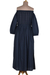 Vestido largo de algodón con hombros descubiertos - Vestido largo de algodón azul medianoche de India