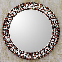 Glass mosaic wall mirror, 'Forest Mosaic' - Artisan Crafted Round Wall Mirror with Glass Mosaic Frame