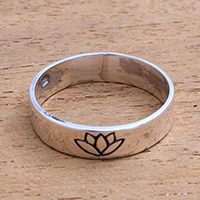 Sterling silver band ring, 'Single Lotus' - Lotus Flower Sterling Silver Band Ring from Bali