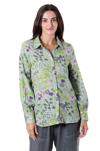 Blusa de algodón serigrafiada - Blusa de algodón serigrafiada con motivos florales