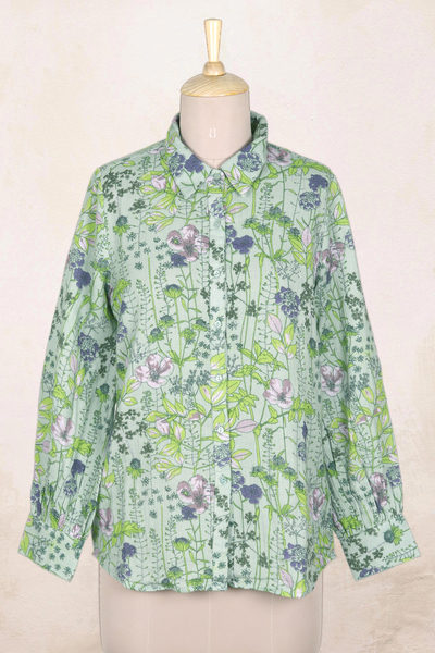 Screen Printed Floral-Motif Cotton Blouse - Lush and Lovely | NOVICA
