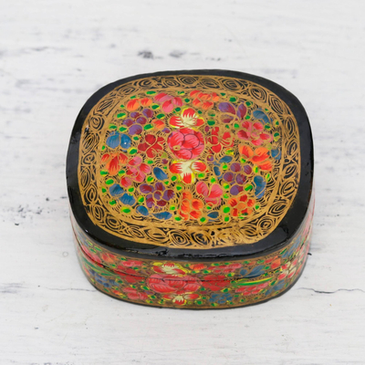 Dekorative Schachtel aus Pappmaché, „Cheerful Flare“ – handbemalte dekorative Schachtel mit Blumenmuster und metallischem Gold