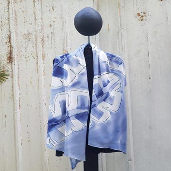 Hand-painted scarf, 'Tropical Indigo' - Haitian Hand-Painted Rayon Scarf in Blue