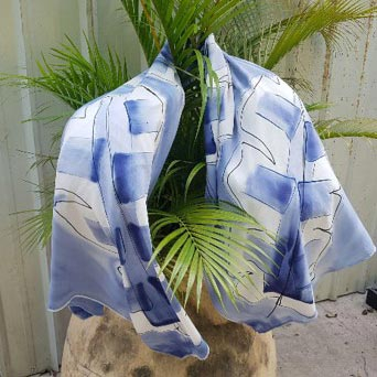 Hand-painted scarf, 'Tropical Indigo' - Haitian Hand-Painted Rayon Scarf in Blue