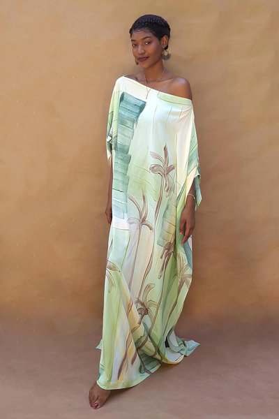 Hand-painted caftan dress, 'Haitian Palms' - Long Hand-Painted Rayon Caftan from Haiti