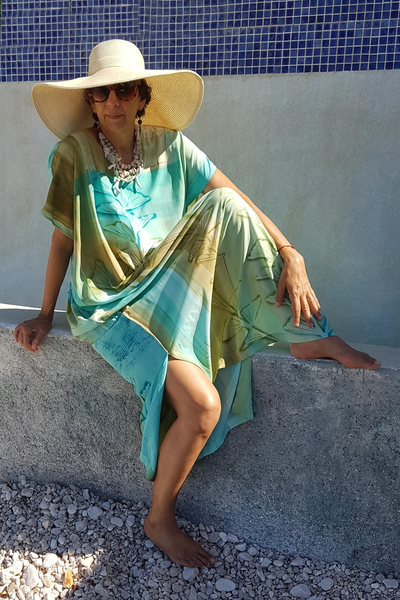 Hand-painted caftan dress, 'Haitian Breeze' - Green Rayon Caftan from Haiti