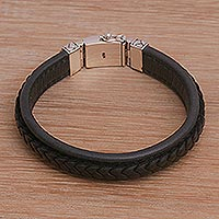 Men's leather and sterling silver wristband bracelet, 'Kuat in Black' - Men's Leather and Sterling Silver Wristband Bracelet