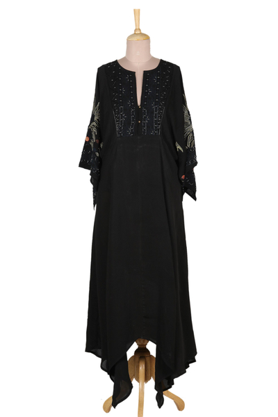 Embroidered crepe maxi dress, 'Dazzling Midnight' - Black Polyester Handkerchief Hem Embroidered Dress