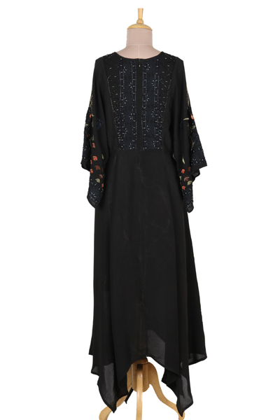 Embroidered crepe maxi dress, 'Dazzling Midnight' - Black Polyester Handkerchief Hem Embroidered Dress
