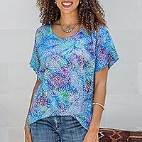 Hi-low rayon blouse, 'Rainbow Seascape'