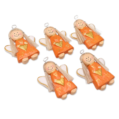 Wood magnets, 'Angel Assembly in Orange' (set of 5) - Handmade Wooden Orange Angel Magnets (Set of 5)