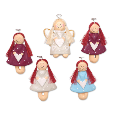 Wood magnets, 'Angel Contingent' (set of 5) - Artisan Crafted Angel Magnets Made from Wood
