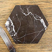 Marble cheese board, 'Hexagon in Black' - Black Marble Cheese or Chopping Board from Mexico