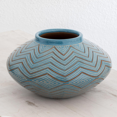 Ceramic decorative vase, Blue Zigzag