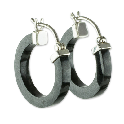 Jade hoop earrings, 'Conexion in Black' - Guatemalan Black Jade Sterling Silver Hoop Earrings