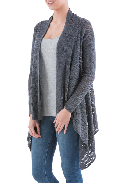 Cardigan sweater, 'Grey Mirage' - Grey Sidetail Cardigan Sweater from Peru