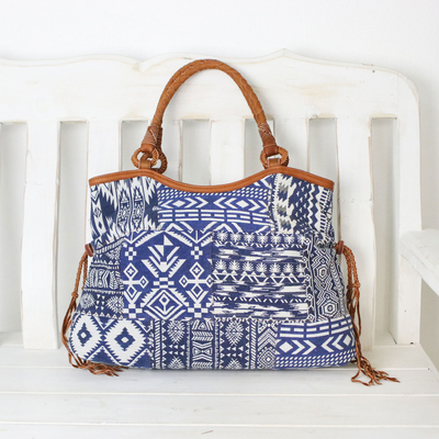 Leather accented cotton blend shoulder bag, Chiang Mai Patchwork in Blue