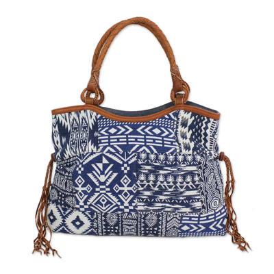 Leather accented cotton blend shoulder bag, 'Chiang Mai Patchwork in Blue' - Patchwork Cotton Blend Shoulder Bag in Blue and White