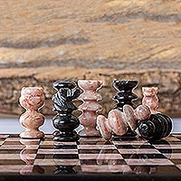 Marble chess pieces, 'Black and Pink Challenge' - Petite Mexican Black and Rose Marble Chess Pieces Set