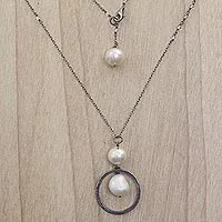 Cultured pearl and moonstone long pendant necklace, 'Raindrop Halos' - Cultured Pearl Moonstone Pendant Necklace from Indonesia