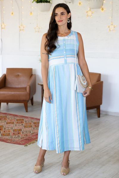 Embroidered cotton sundress, 'Horizon in Blue' - Hand Made Embroidered Cotton Sundress