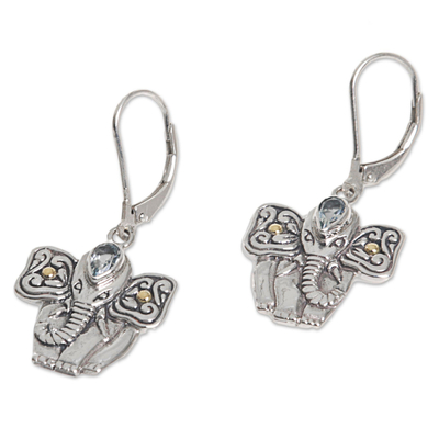 Gold accented blue topaz dangle earrings, 'Indonesian Elephant' - Balinese Blue Topaz Sterling Silver Elephant Dangle Earrings