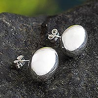 Sterling silver button earrings, 'Reflex' - Sterling Silver Oval Sphere Button Earrings from Peru