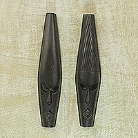Ashanti wood masks, 'Fighting Spirit' (pair) - Ashanti Wood Masks (Pair)