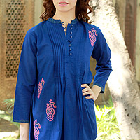 Cotton blouse, 'Bengali Blue' - Cotton blouse